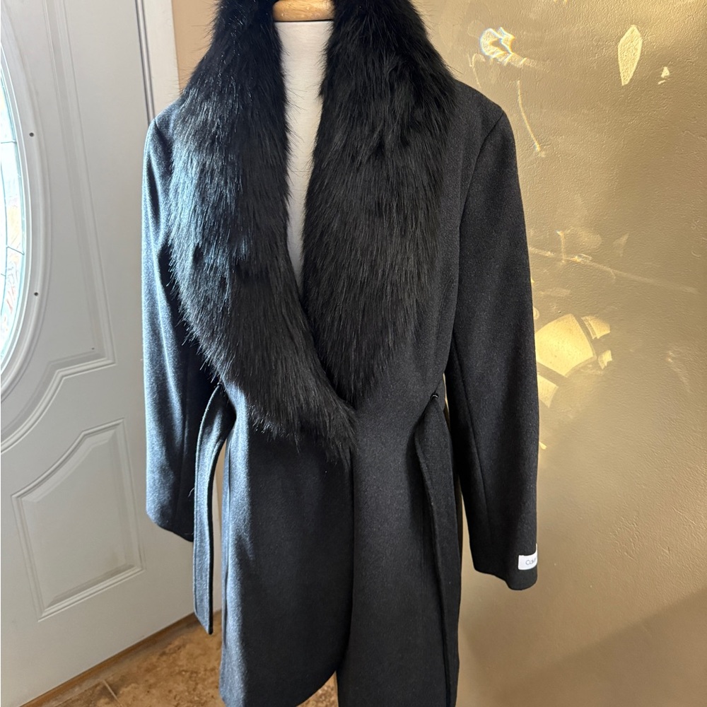 Calvin Klein Collection Black Trench Coat with Fur Collar